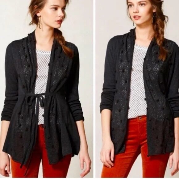 Anthropologie XXS Knitted and Knotted Kose Pom Pom Cardigan Black/Dark Grey - Picture 1 of 7